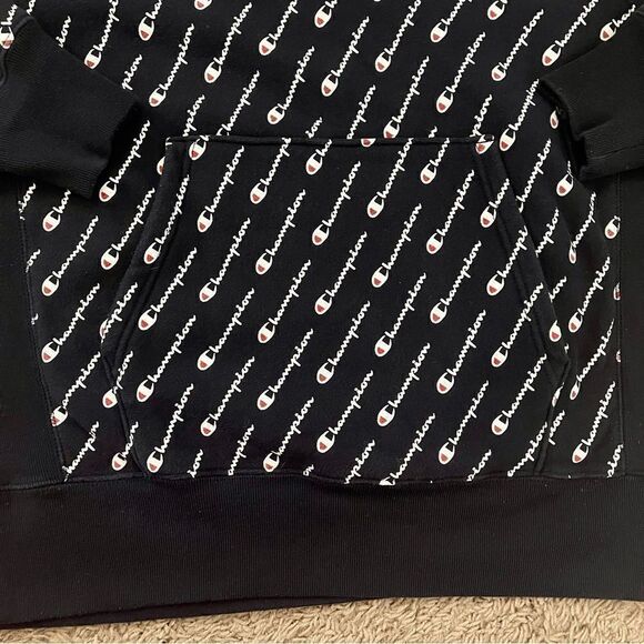 Champion Brand Blue Reverse Weave All Over Logo Print Hoodie Sweatshirt SZ M EUC - Picture 8 of 12